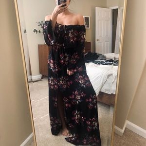 Lulu’s Floral, off the shoulder, maxi dress.